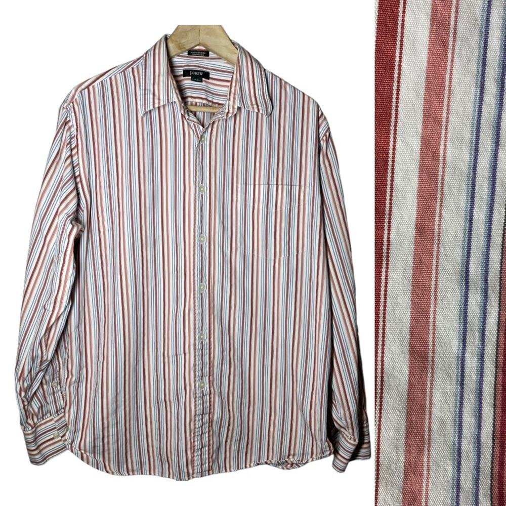 J Crew Mens Button Front Shirt Size Large Pink Blue Striped 16-16 1/2